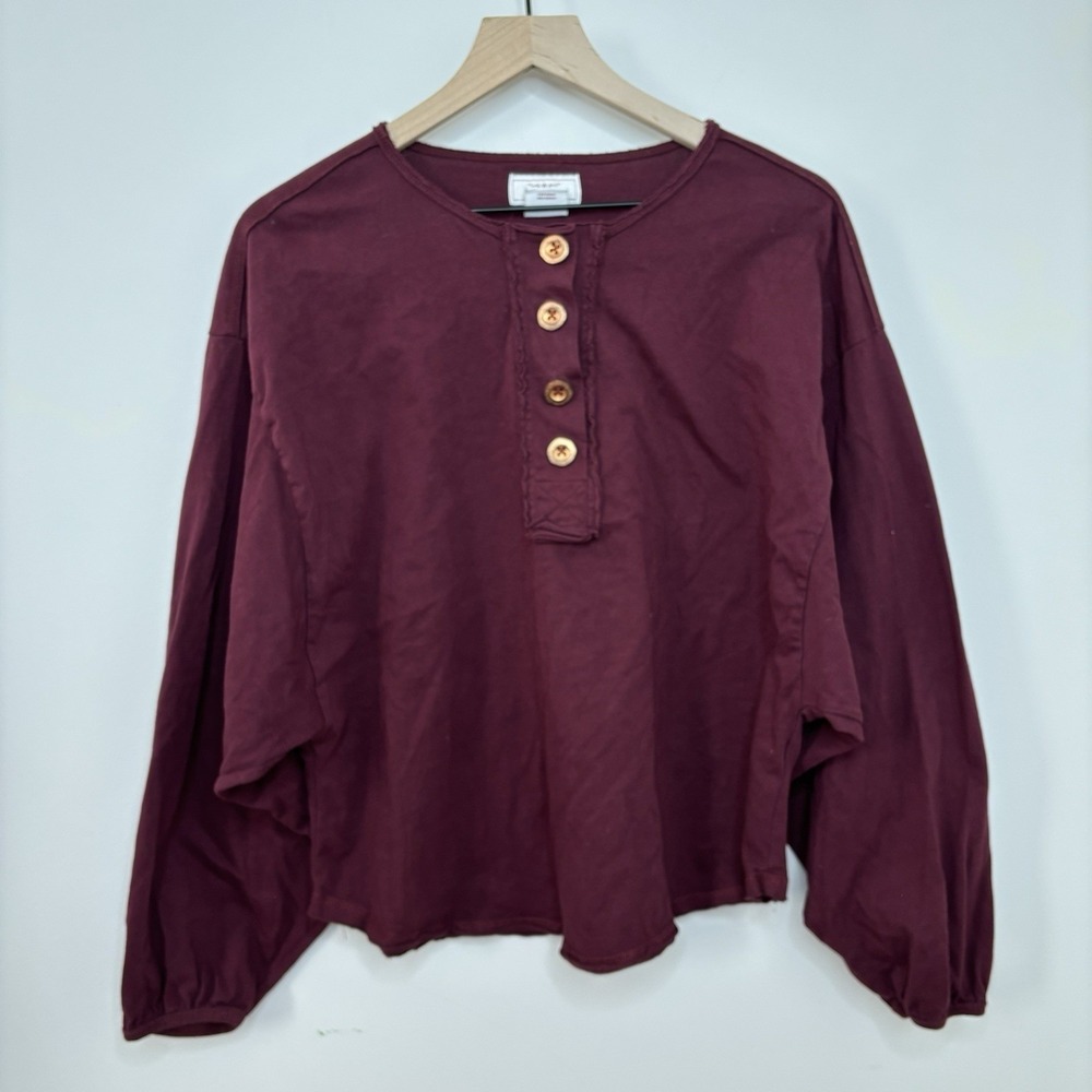 Ariat Large Pinon Henley Shirt Long Sleeve Top Maroon Cropped Western Cowgirl
